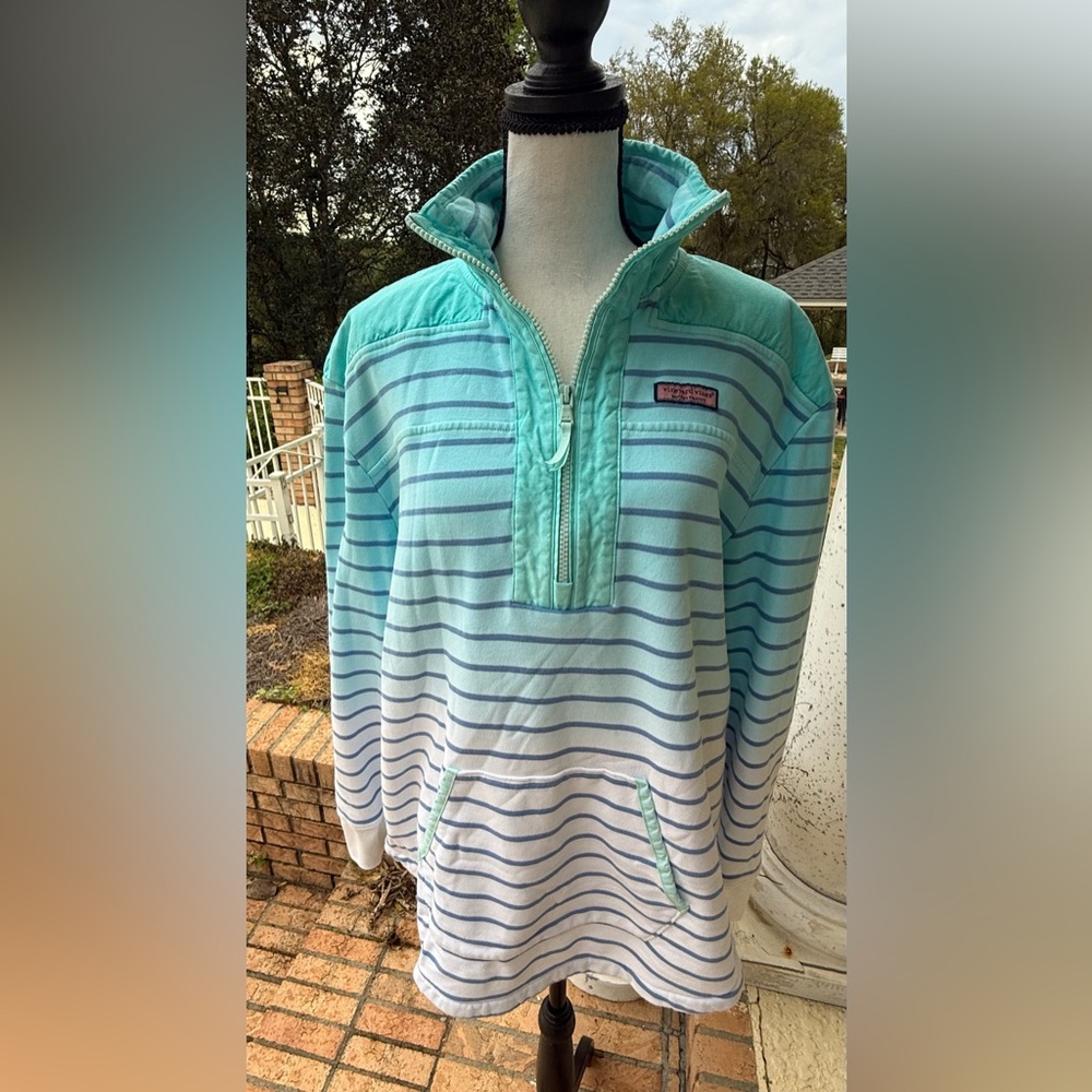 Vineyard Vines 1/4 Zip Pullover Striped Blue Green Women’s XL Coastal Preppy